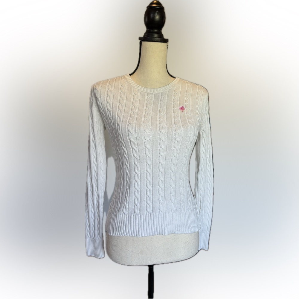 WHITE CABLE KNIT SWEATER WITH PALM TREE